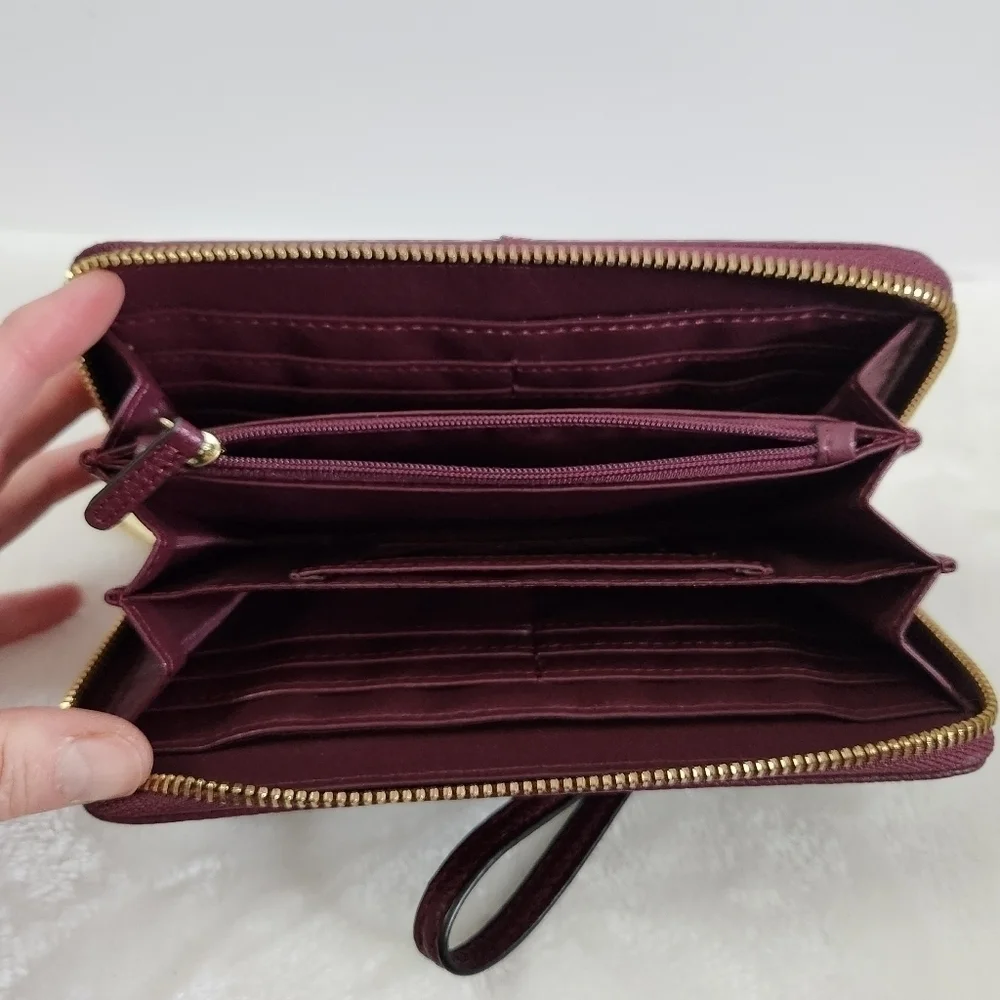 Liz Claiborne Erica Zip Around Faux Leather Gold Dark Wine Wristlet Wallet
